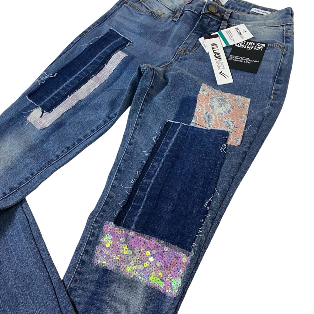 WILLIAM RAST NWT PERFECT SKINNY PATCH COLLAGE SEQUIN STRETCHY DENIM JEANS 24